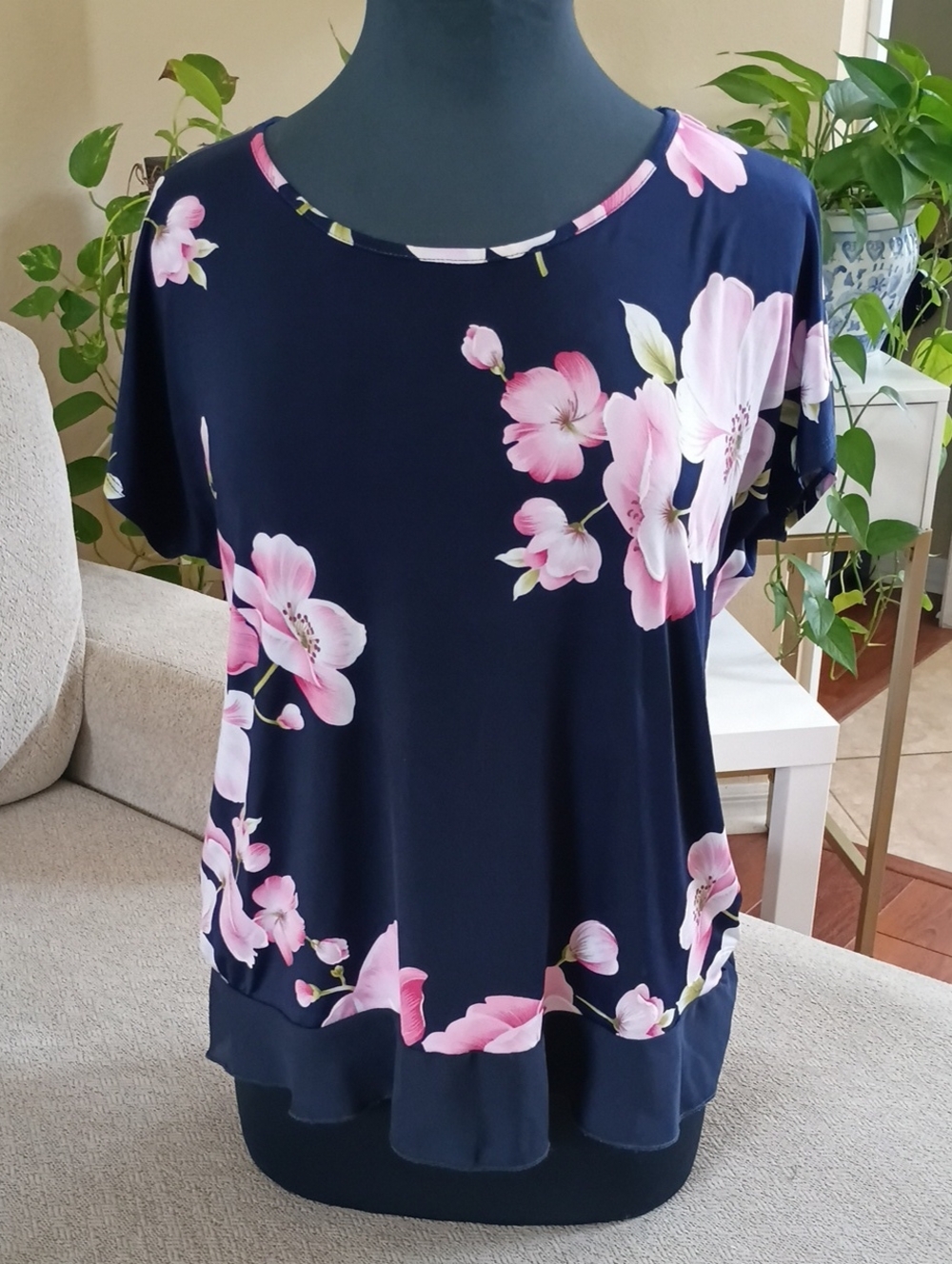 Espresso Navy Floral Short Sleeve Top with Pink Blooms